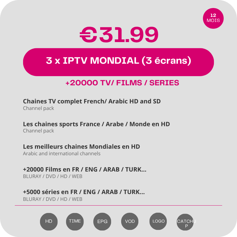 Promo Trois Abonnements IPTV Mondial (3 Écrans)