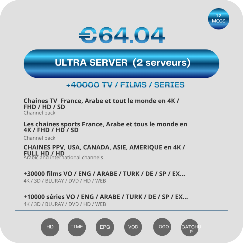 Abonnement IPTV Ultra Serveurs (Deux Serveurs) 12 mois Abonnement IPTV Ultra Serveurs (Deux Serveurs) 12 mois