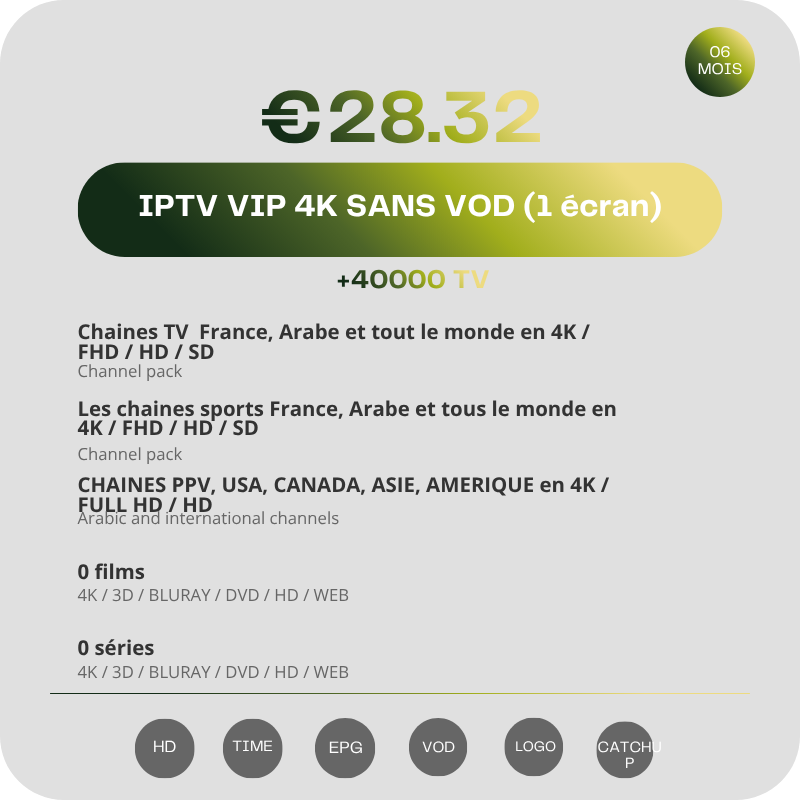 Abonnement IPTV Vip 4K Sans VOD 6 mois Abonnement IPTV Vip 4K Sans VOD 6 mois