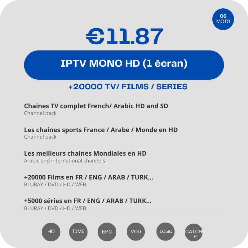 Abonnement IPTV Mono Vip HD 6 mois Abonnement IPTV Mono Vip HD 6 mois
